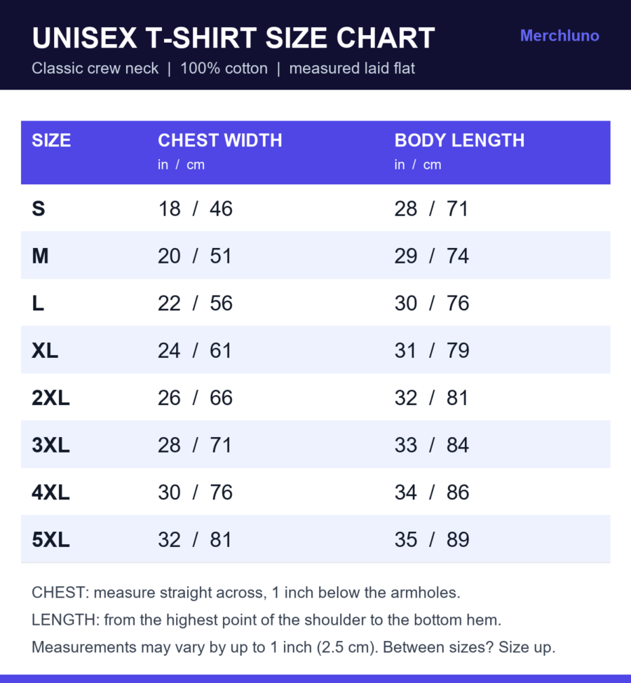 Unisex T-shirt size chart